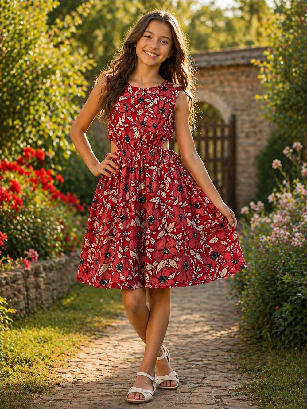 Zara Girls Red Floral Cutout Dress Size 11/12 Summer Tie Waist Boho Dress